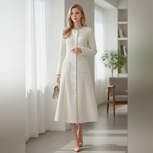 Ivory Button Front Coat Dress  Tweed Style Long Sleeve Elegant Dress